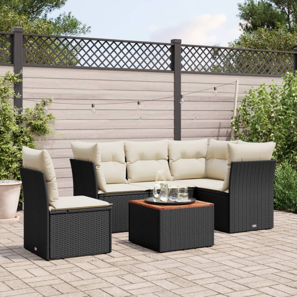 6-delige Loungeset met kussens poly rattan zwart