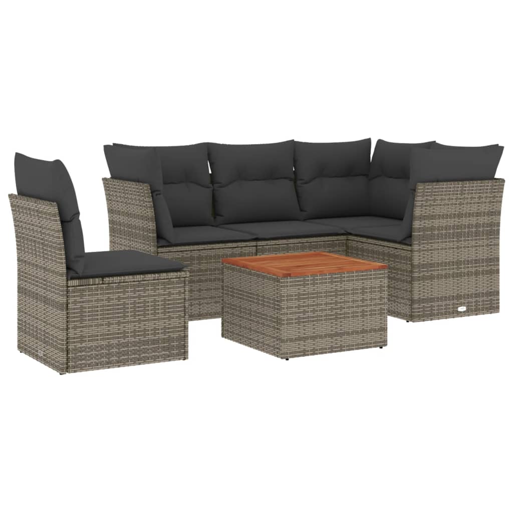 6-delige Loungeset met kussens poly rattan grijs