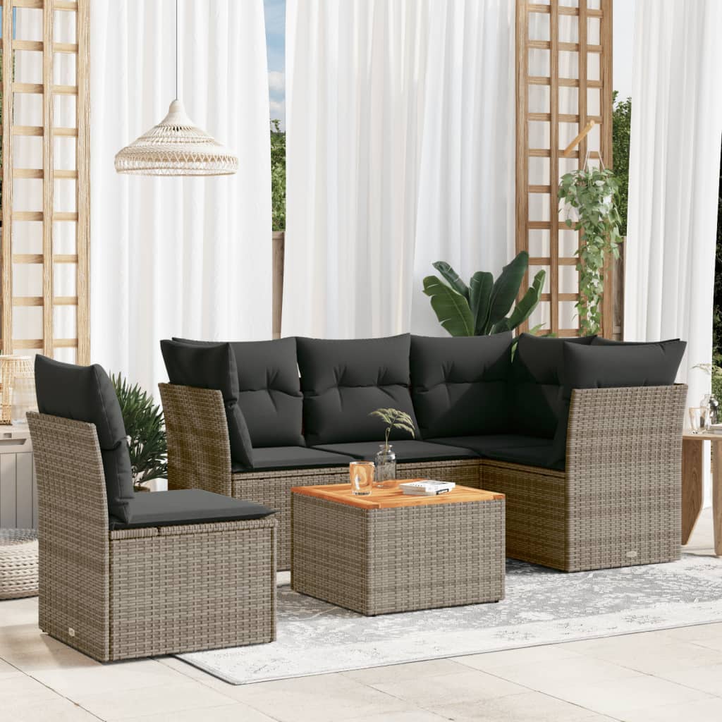 6-delige Loungeset met kussens poly rattan grijs