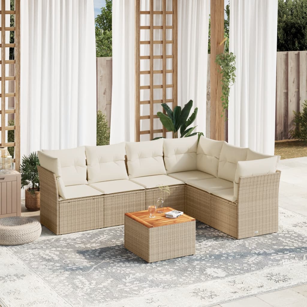 7-delige Loungeset met kussens poly rattan beige