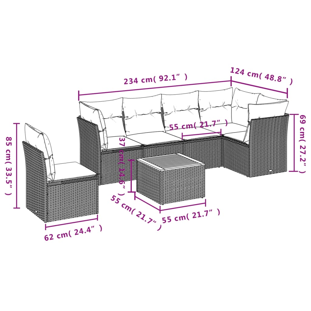 7-delige Loungeset met kussens poly rattan beige