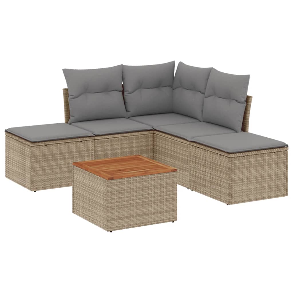 6-delige Loungeset met kussens poly rattan beige