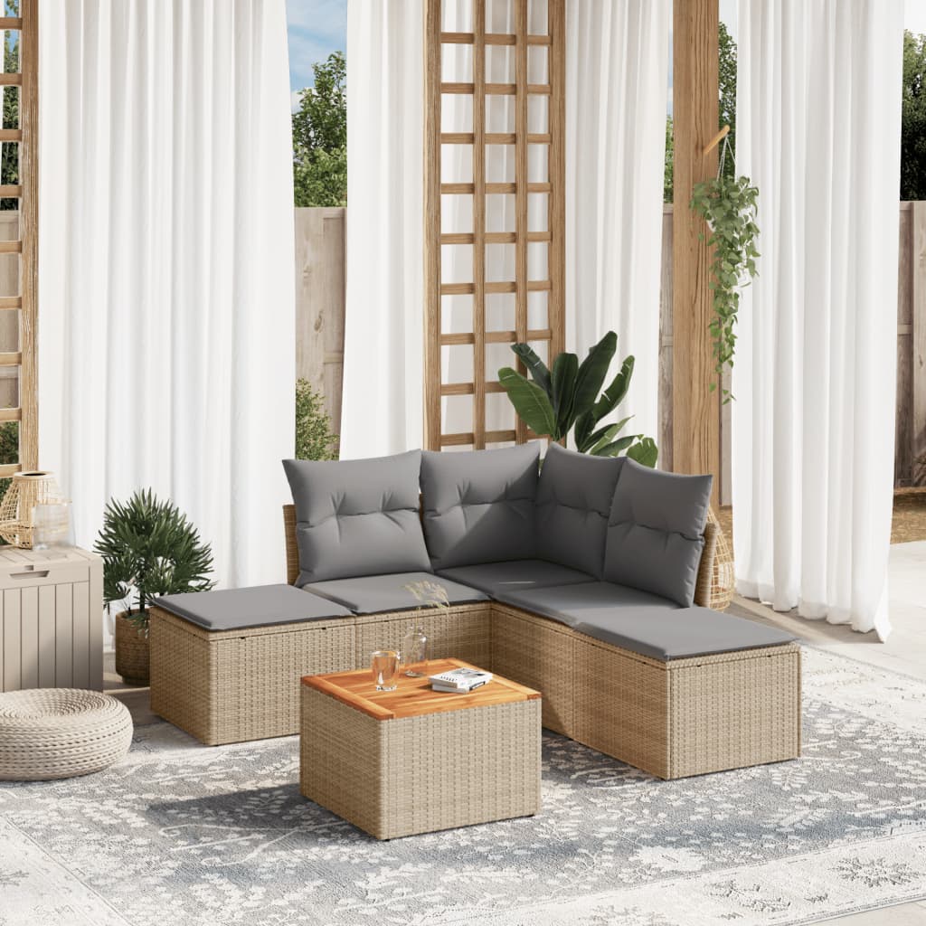 6-delige Loungeset met kussens poly rattan beige