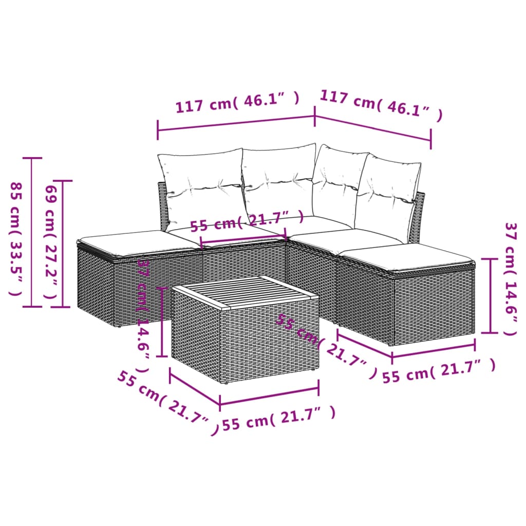 6-delige Loungeset met kussens poly rattan grijs