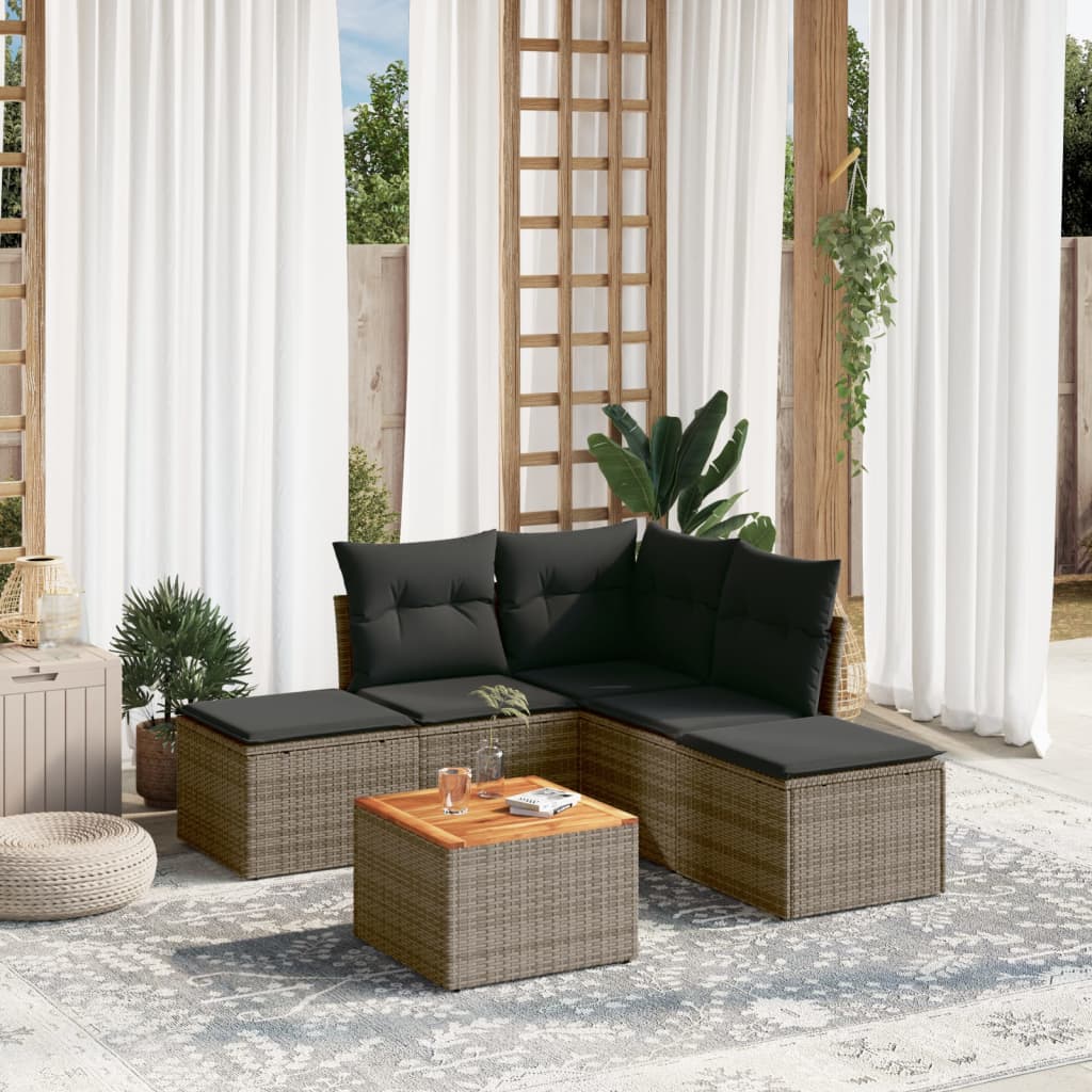 6-delige Loungeset met kussens poly rattan grijs