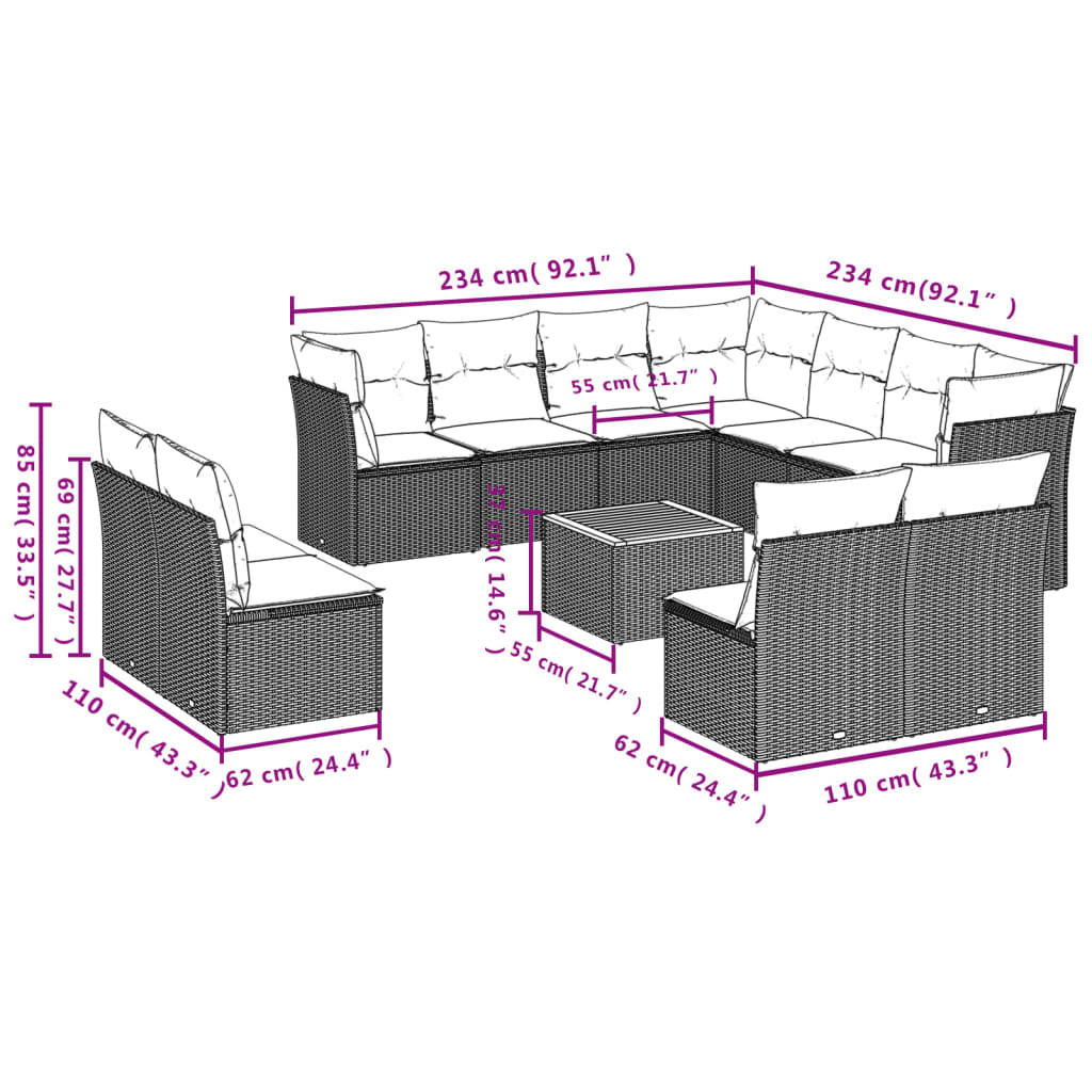 12-delige Loungeset met kussens poly rattan grijs