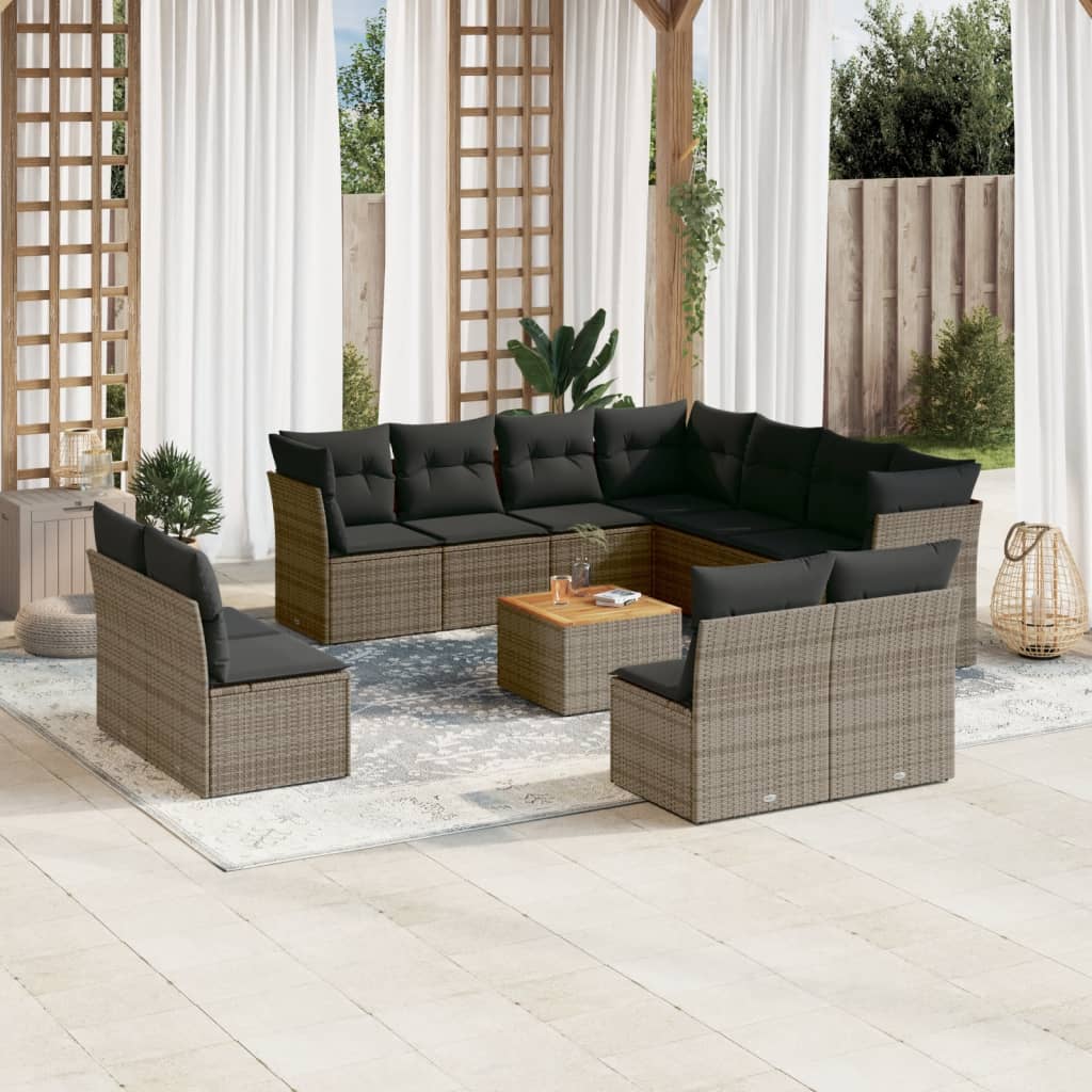 12-delige Loungeset met kussens poly rattan grijs