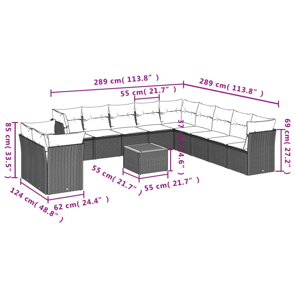 12-delige Loungeset met kussens poly rattan grijs