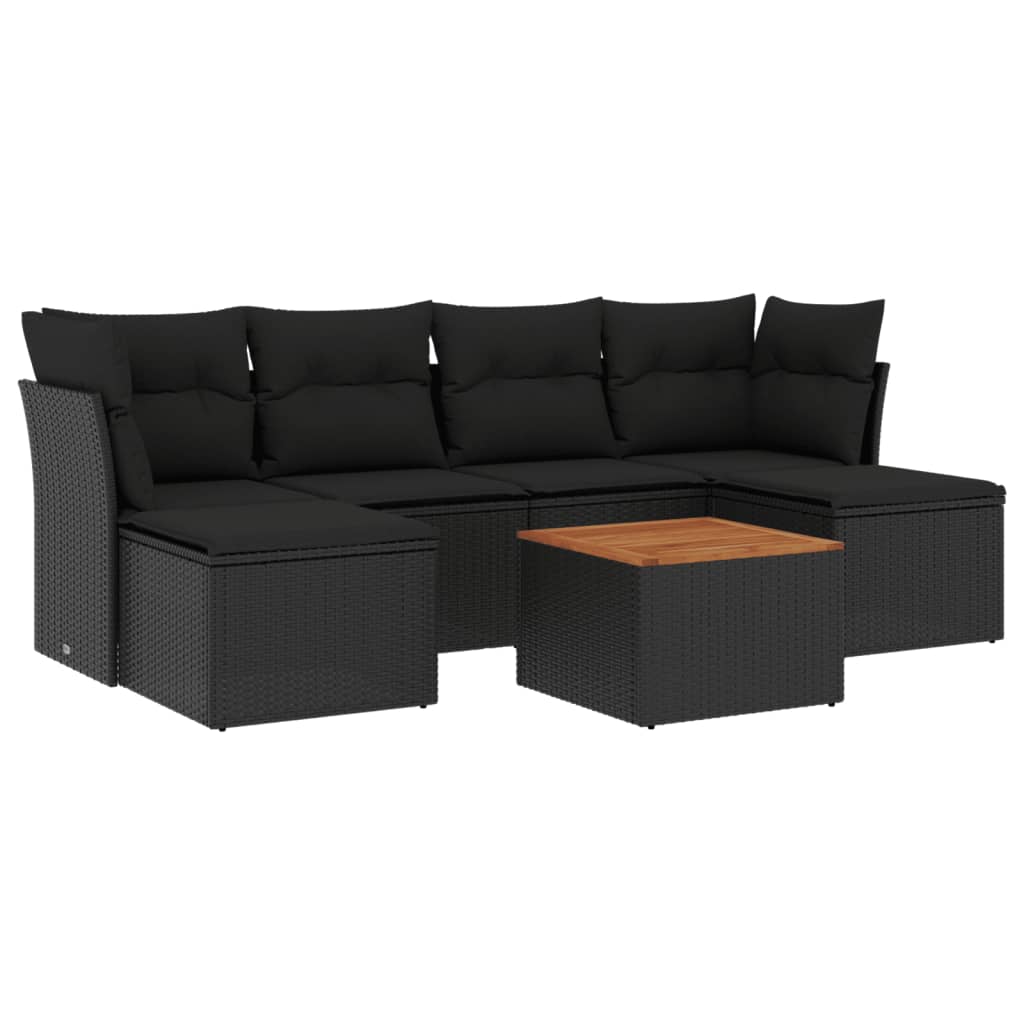 7-delige Loungeset met kussens poly rattan zwart