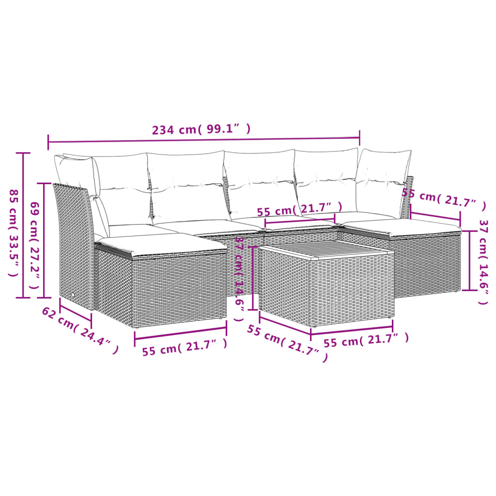 7-delige Loungeset met kussens poly rattan zwart