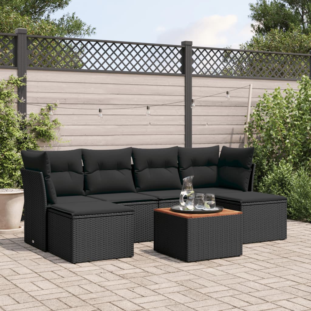 7-delige Loungeset met kussens poly rattan zwart