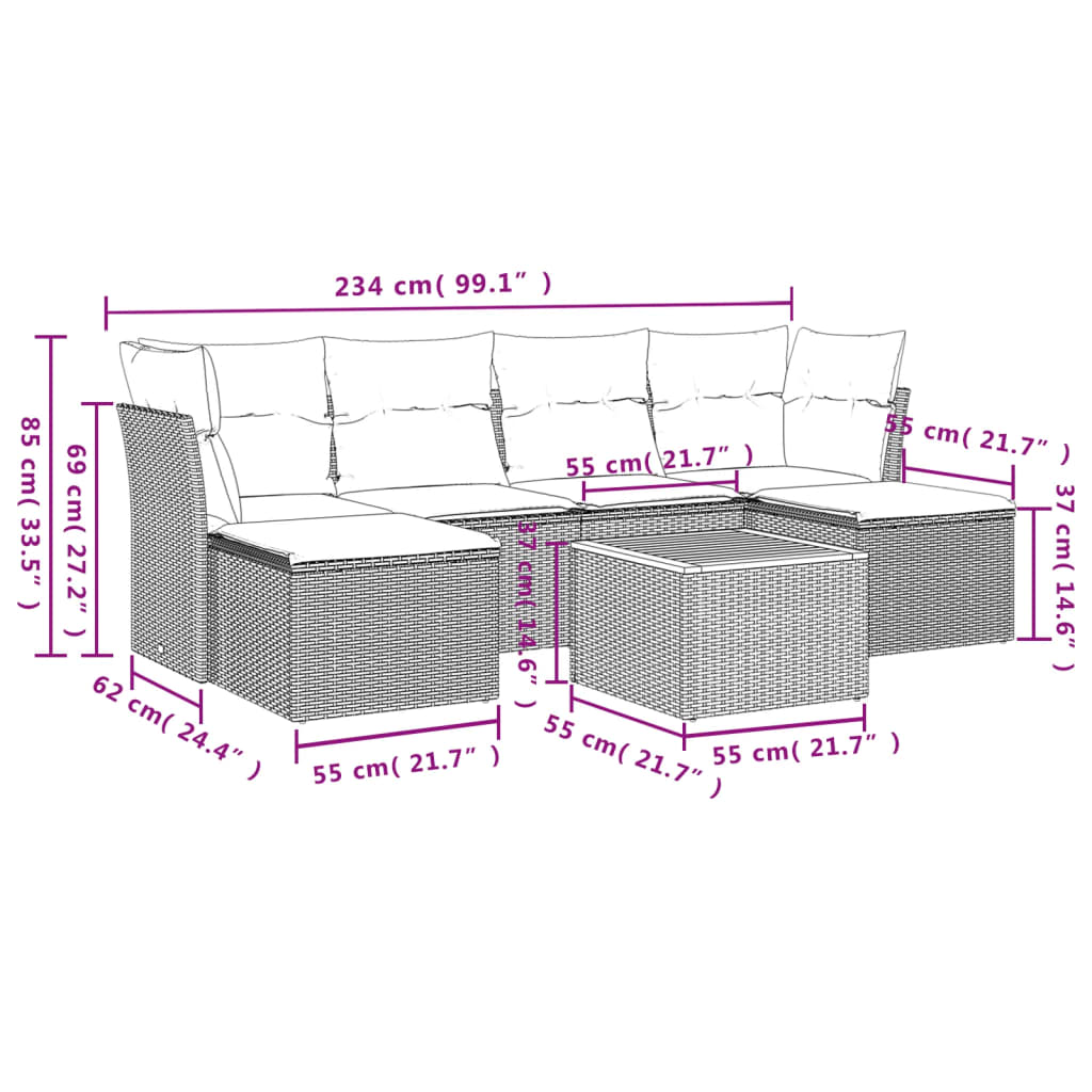 7-delige Loungeset met kussens poly rattan grijs