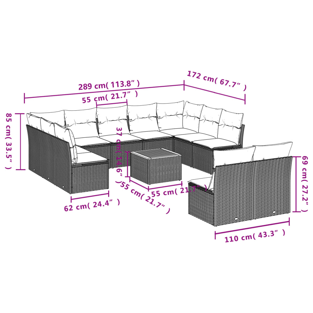 12-delige Loungeset met kussens poly rattan beige