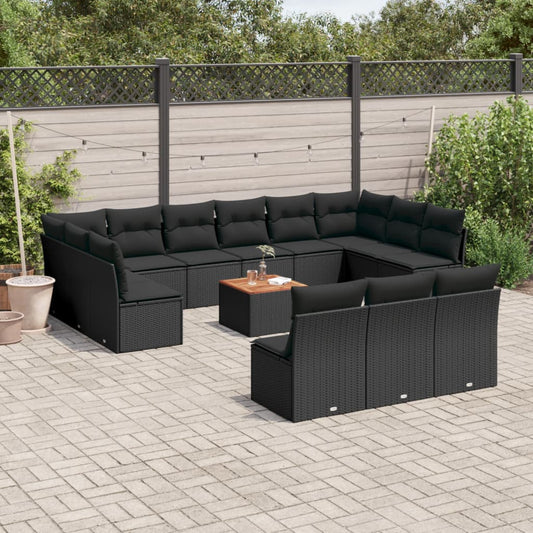 14-delige Loungeset met kussens poly rattan zwart