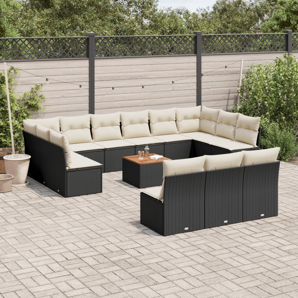 14-delige Loungeset met kussens poly rattan zwart