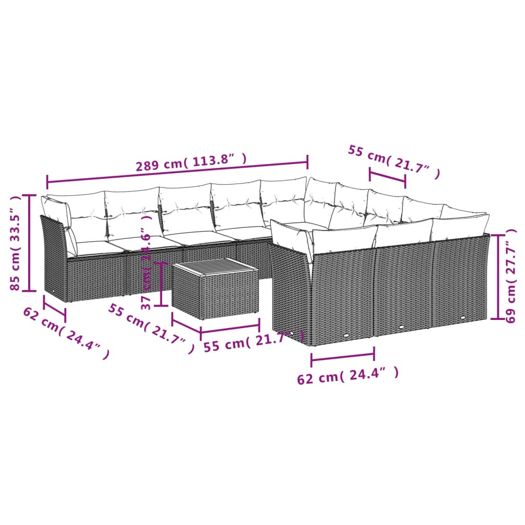 12-delige Loungeset met kussens poly rattan grijs