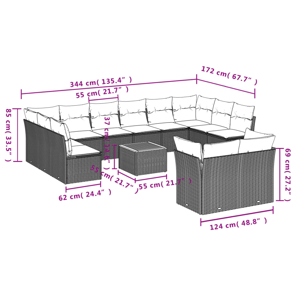 13-delige Loungeset met kussens poly rattan beige