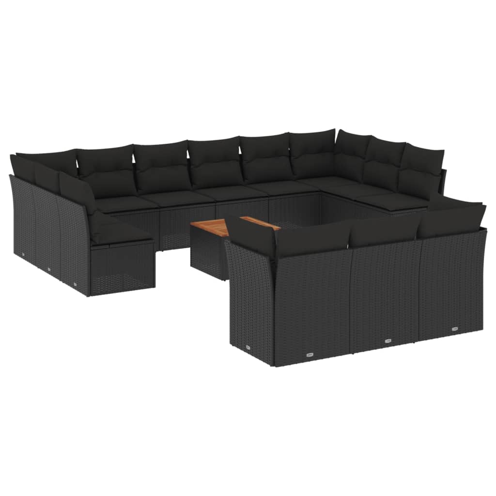 14-delige Loungeset met kussens poly rattan zwart