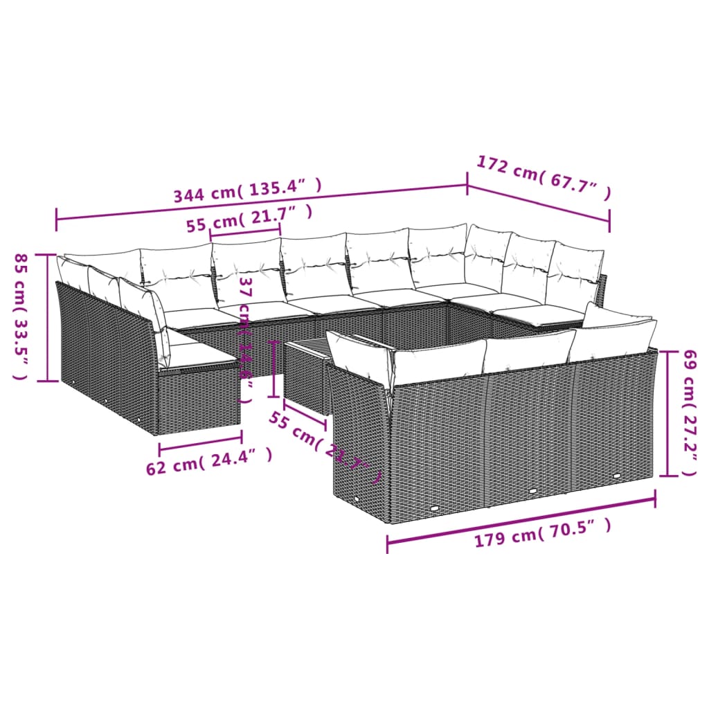 14-delige Loungeset met kussens poly rattan zwart