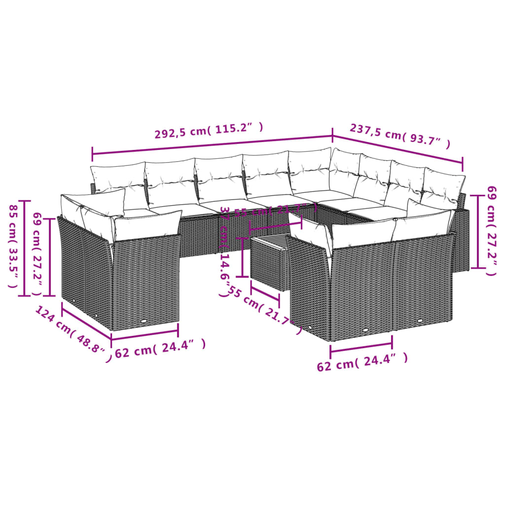 13-delige Loungeset met kussens poly rattan beige