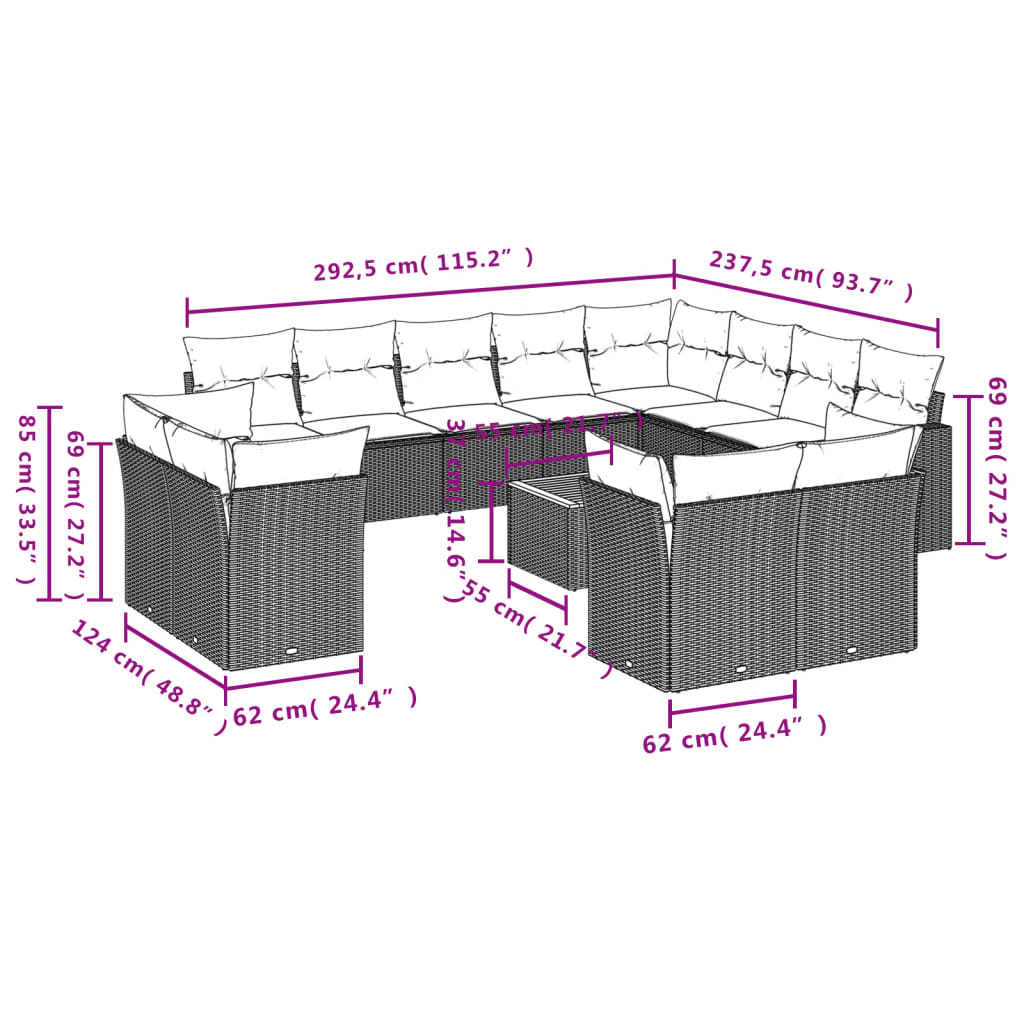 13-delige Loungeset met kussens poly rattan grijs