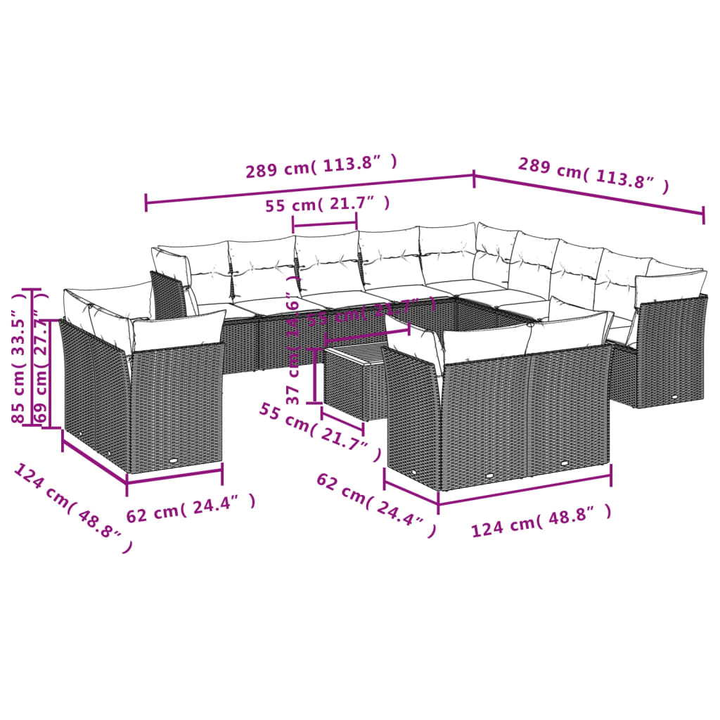 14-delige Loungeset met kussens poly rattan zwart