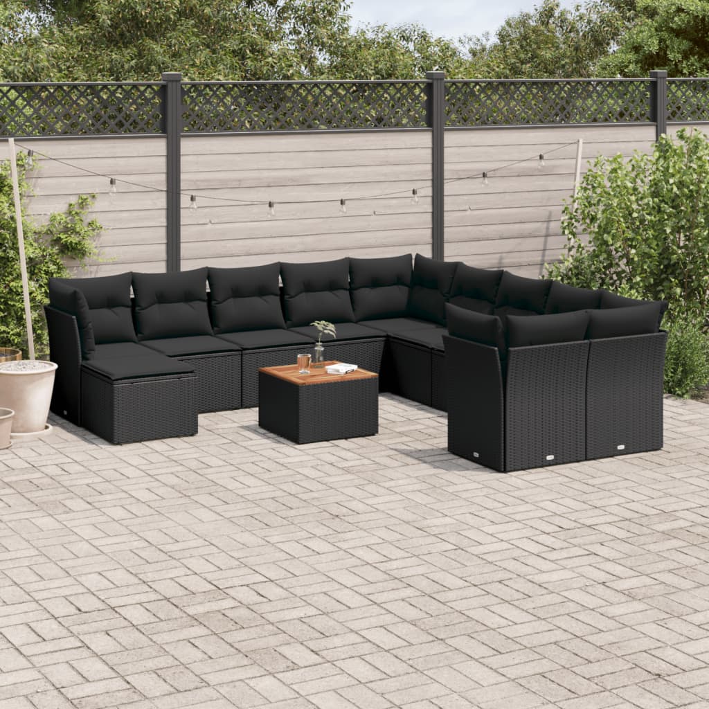 12-delige Loungeset met kussens poly rattan zwart