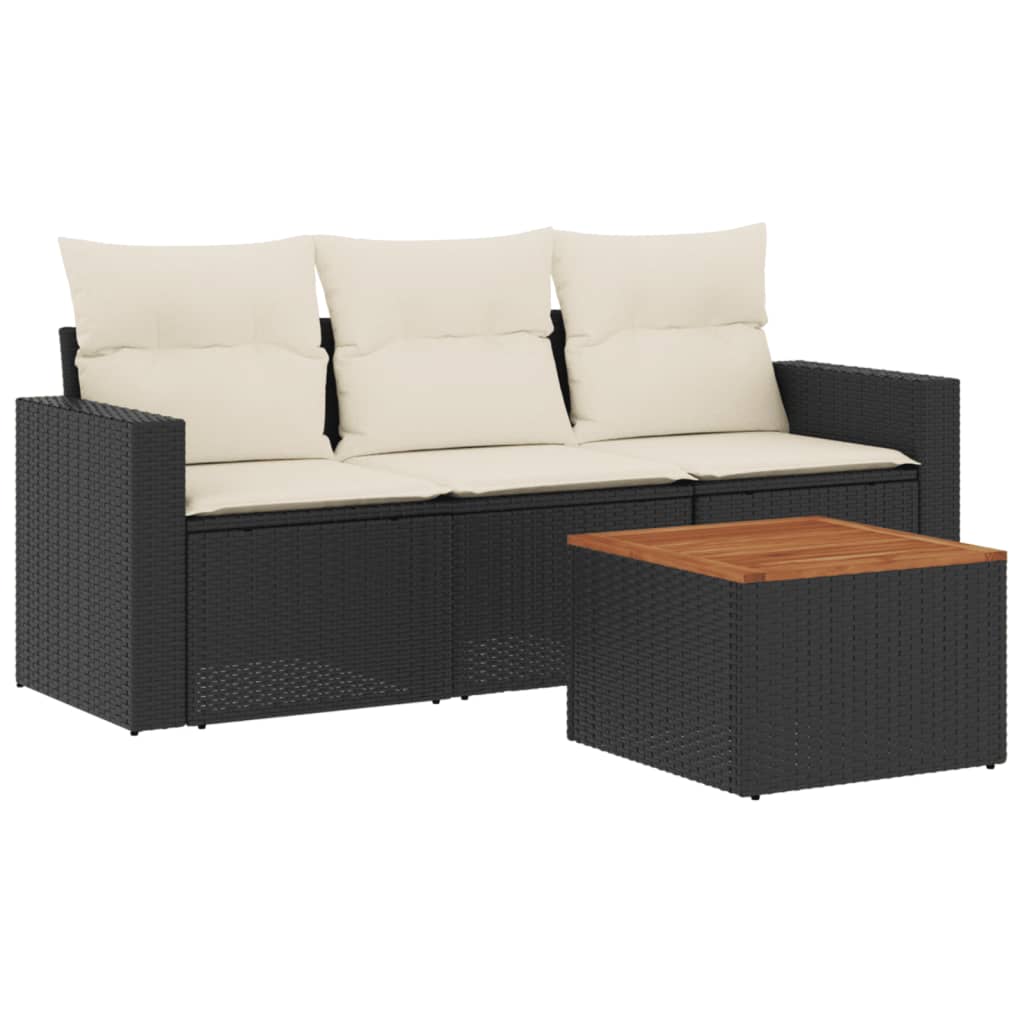 4-delige Loungeset met kussens poly rattan zwart