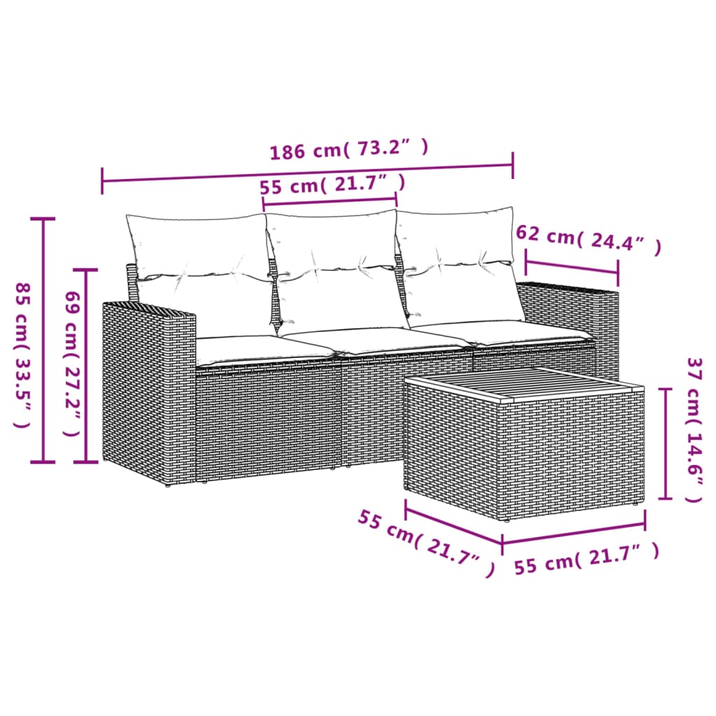 4-delige Loungeset met kussens poly rattan grijs