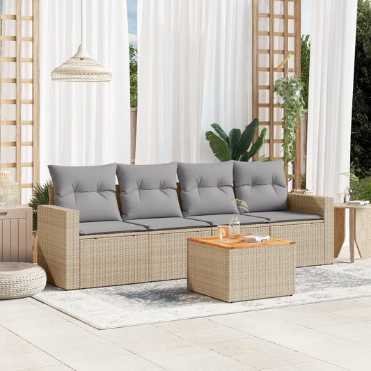 5-delige Loungeset met kussens poly rattan beige