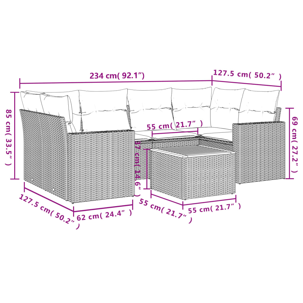 7-delige Loungeset met kussens poly rattan grijs