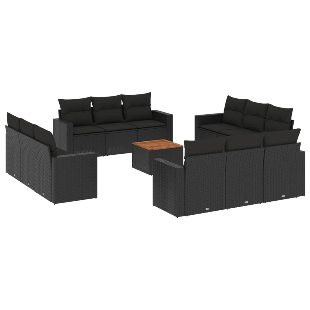 13-delige Loungeset met kussens poly rattan zwart