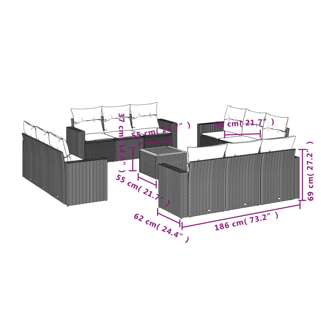 13-delige Loungeset met kussens poly rattan zwart