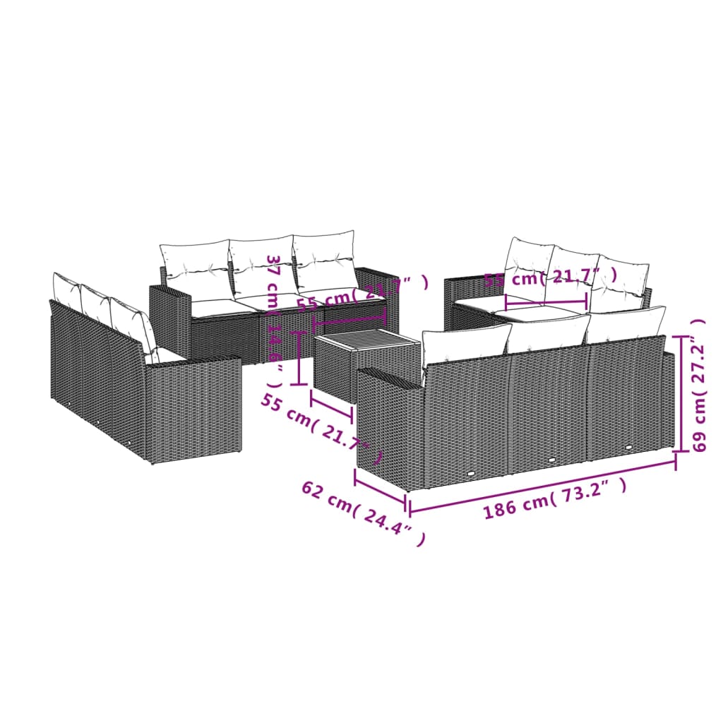 13-delige Loungeset met kussens poly rattan grijs