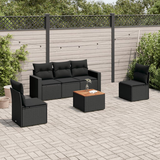 6-delige Loungeset met kussens poly rattan zwart