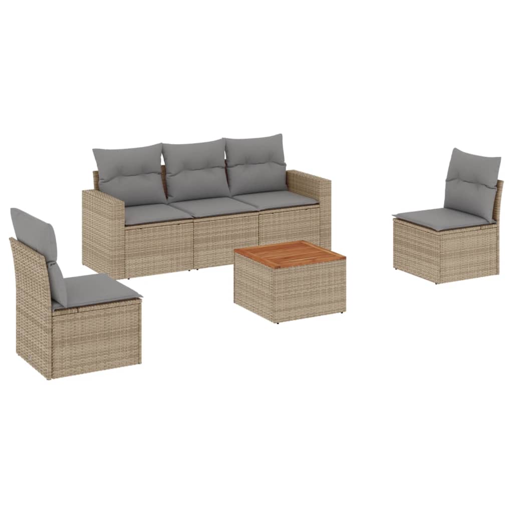 6-delige Loungeset met kussens poly rattan beige