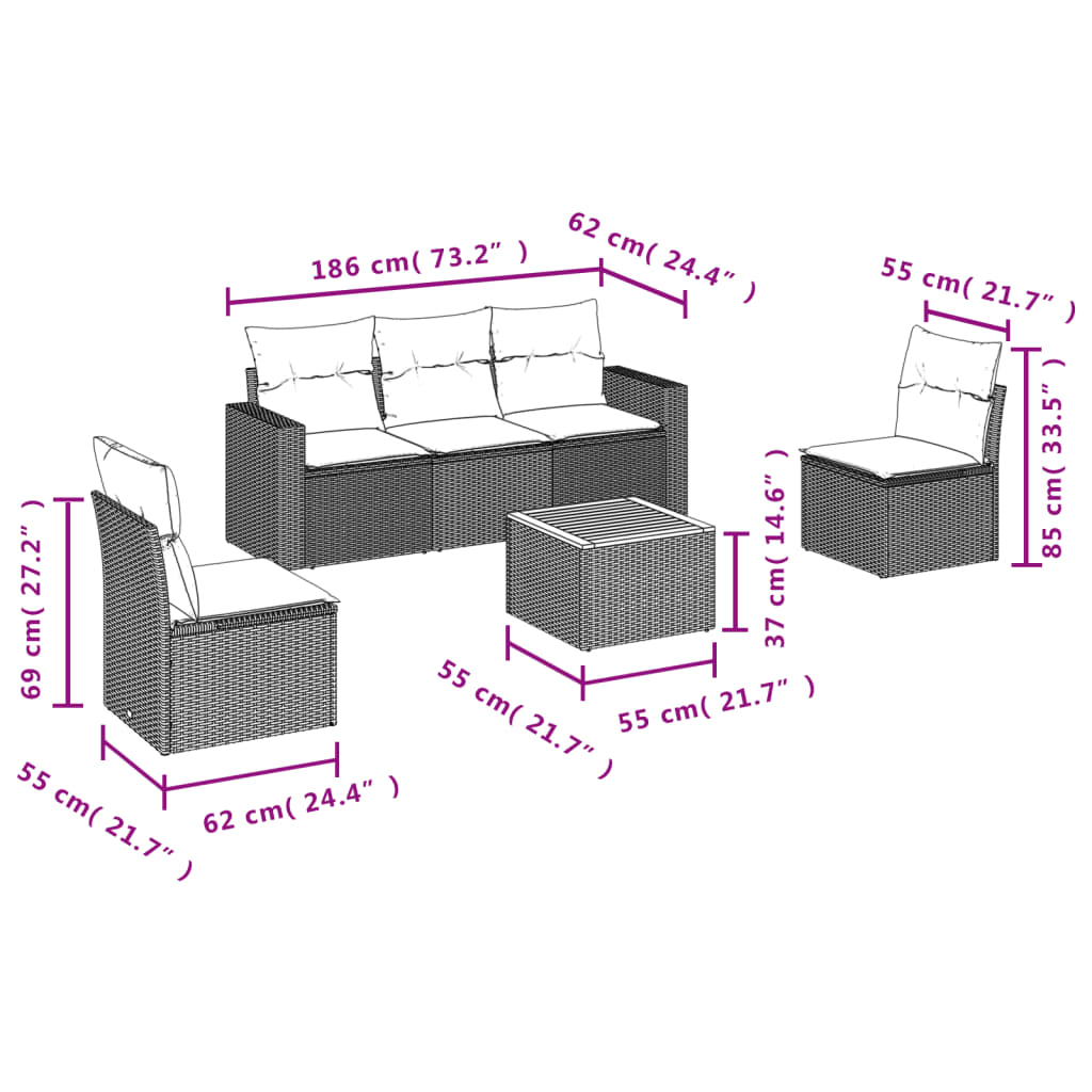 6-delige Loungeset met kussens poly rattan beige