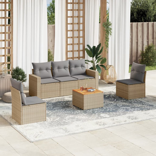 6-delige Loungeset met kussens poly rattan beige