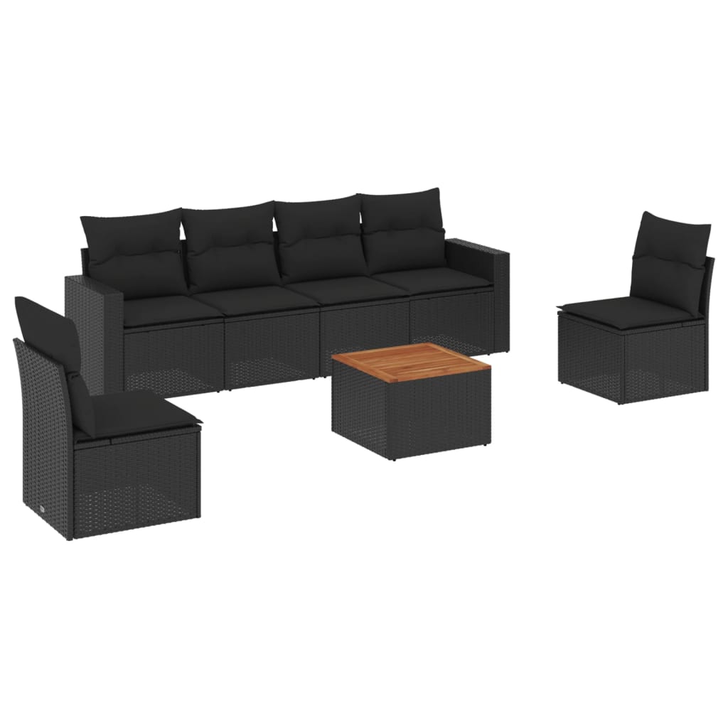 7-delige Loungeset met kussens poly rattan zwart