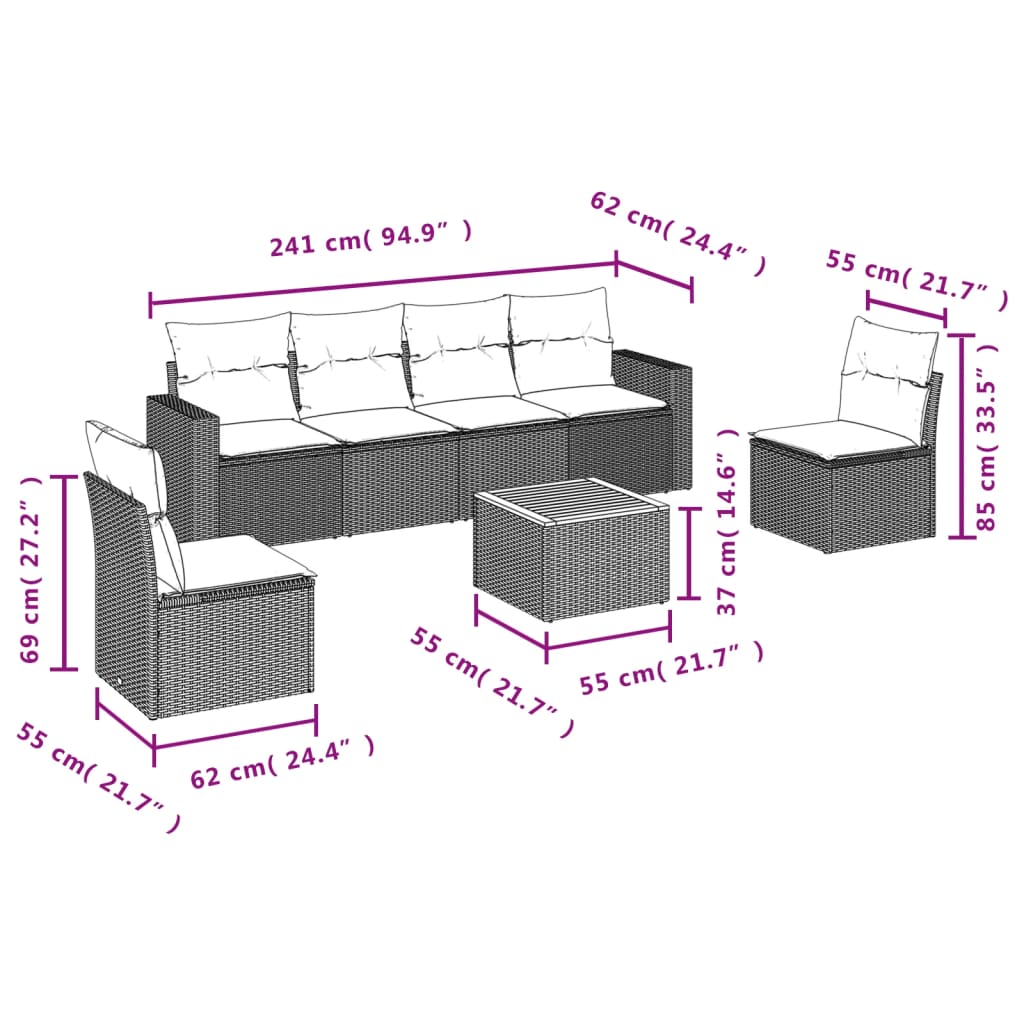 7-delige Loungeset met kussens poly rattan zwart