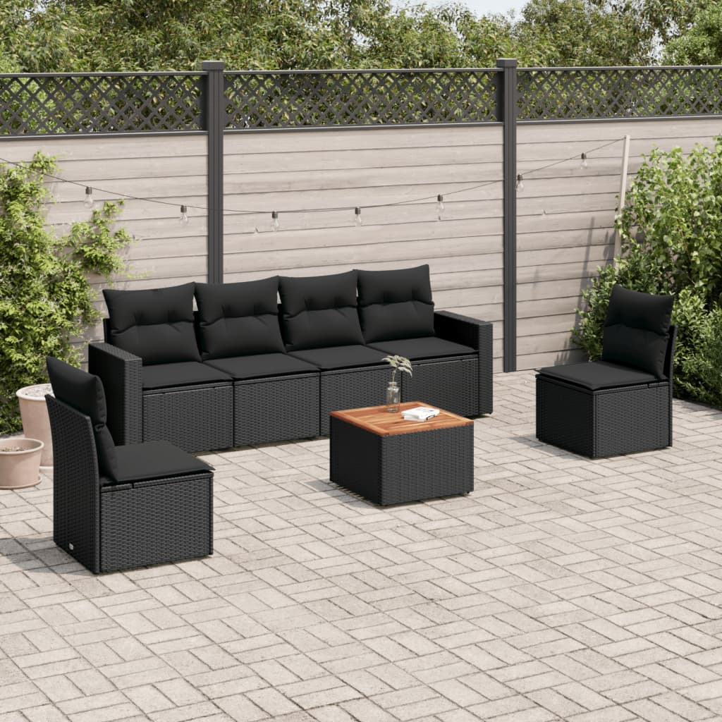 7-delige Loungeset met kussens poly rattan zwart