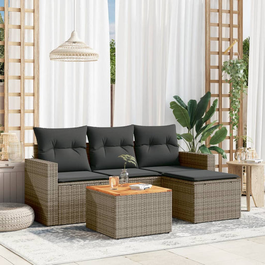 5-delige Loungeset met kussens poly rattan grijs