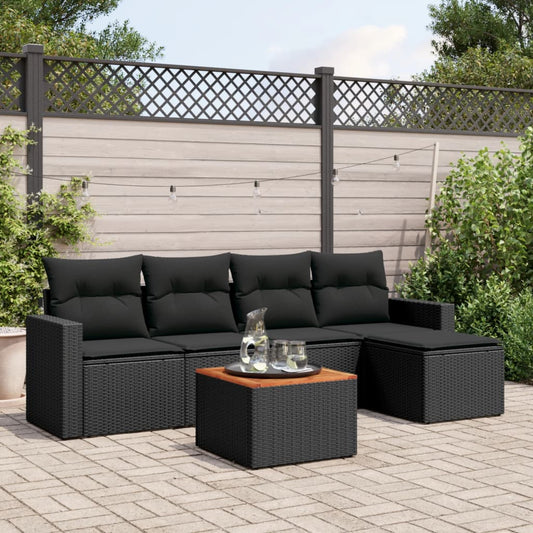 6-delige Loungeset met kussens poly rattan zwart