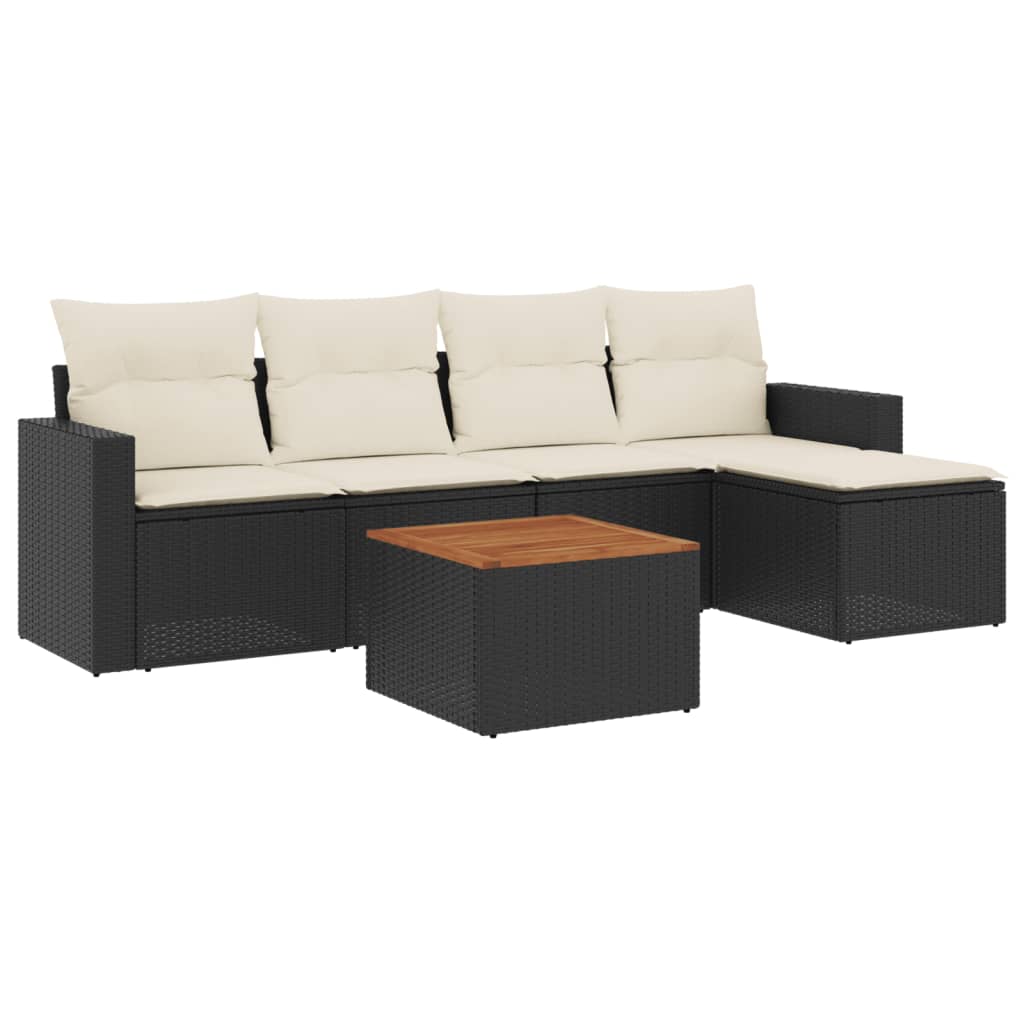 6-delige Loungeset met kussens poly rattan zwart