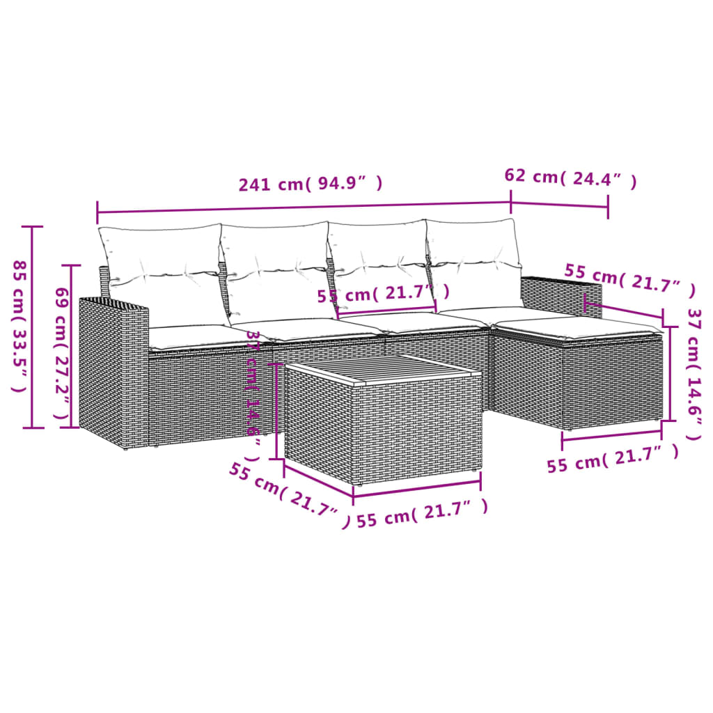 6-delige Loungeset met kussens poly rattan zwart