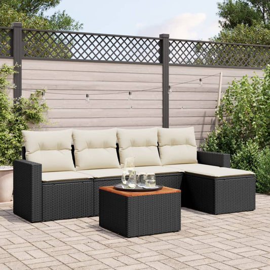 6-delige Loungeset met kussens poly rattan zwart