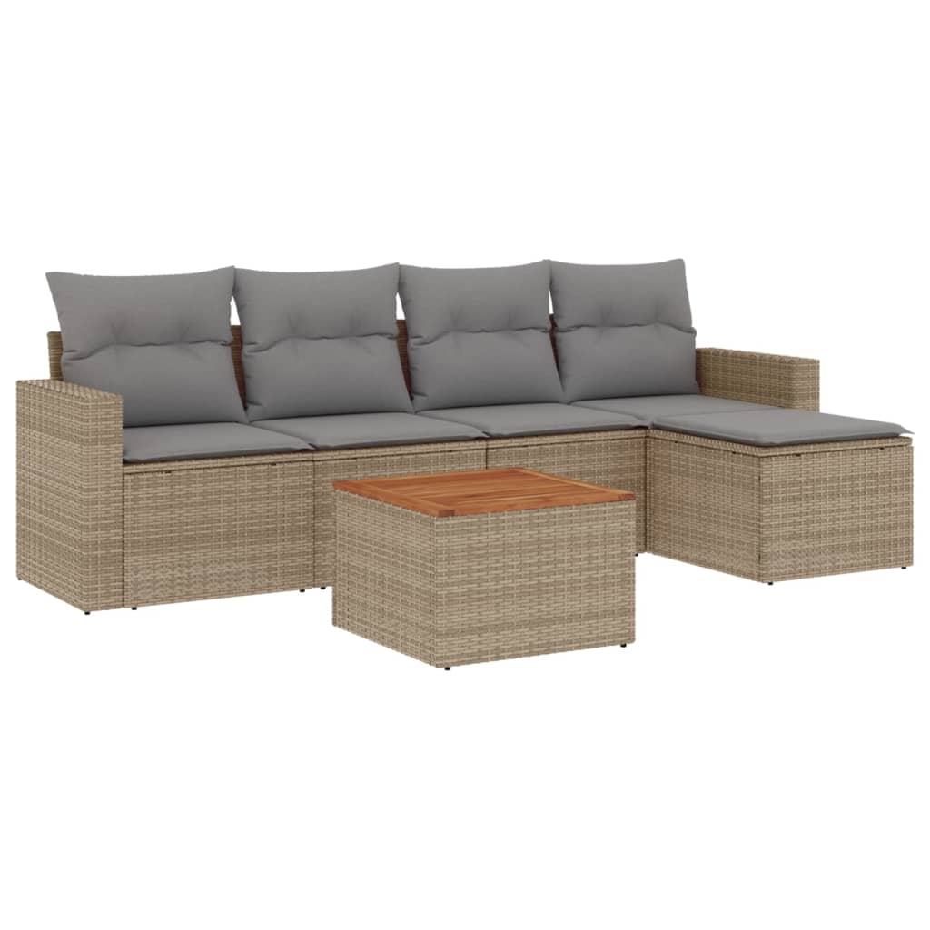 6-delige Loungeset met kussens poly rattan beige