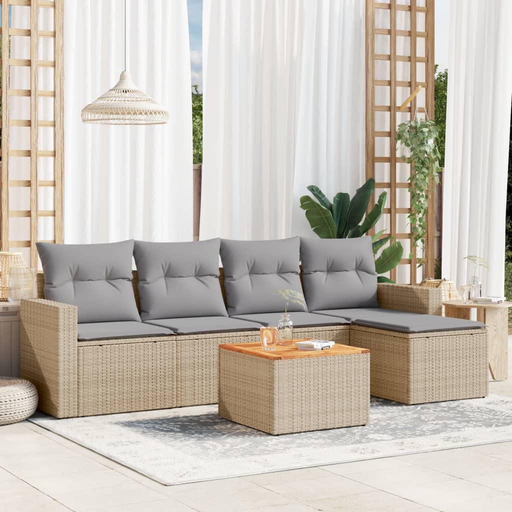 6-delige Loungeset met kussens poly rattan beige