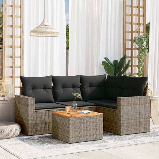 5-delige Loungeset met kussens poly rattan grijs