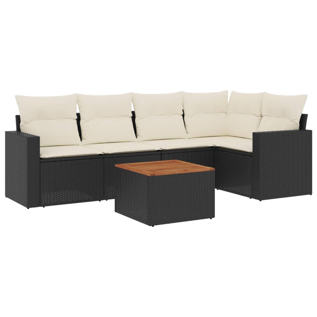 6-delige Loungeset met kussens poly rattan zwart